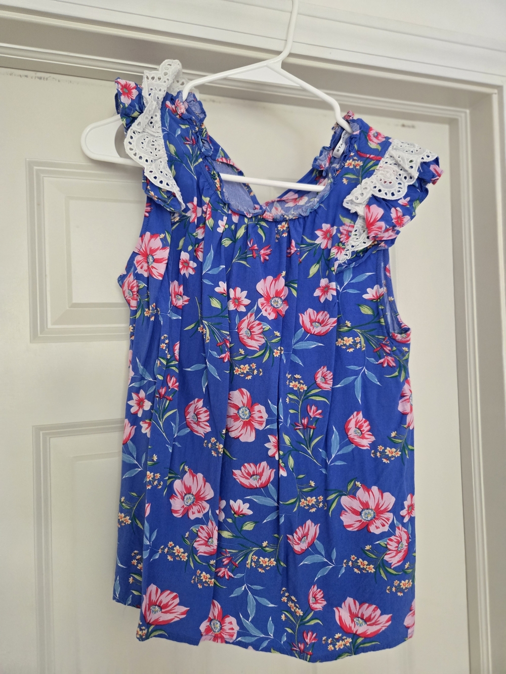 Blue Floral Ruffle Sleeve Tank Top with Eyelet Trim